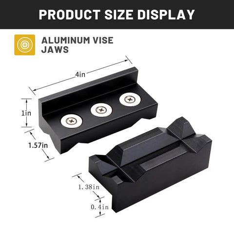 4 Inch Aluminum Vise Jaw Pad With Magnetic Vise Cover For Bench And Desktop Jaws Black One Pair Built Tough Pro Grade Heavy Duty Multi Purpose Jaw Protector With Grooved Surface And Stainless Bolts For AN Fittings, with product size display.