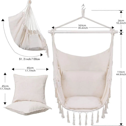 Hammock Chair With Rope Swing, Macrame Boho Hanging Chair With 2 Cushions For Indoor And Outdoor Living, size dimensions illustration