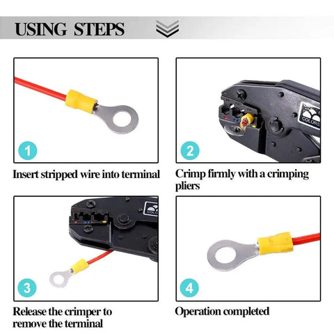 Using steps for 360 Piece Quick Disconnect Crimp Terminal Assortment Kit With Insulated Ring Terminals In 22 To 16 Gauge, 16 To 14 Gauge And 12 To 10 Gauge M4 M5 M6 M8 Sets For Automotive, Audio, And DIY Electrical Projects