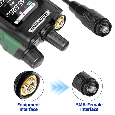 Close-up of equipment and SMA-Female interface for Long Range Dual Band Ham Radio Antenna SMA-Female 144 430 MHz Foldable Gooseneck Whip
