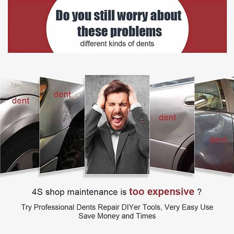 Induction Dent Repair Tool Kit For Cars Paintless Dent Removal Fix Soft Dents Quickly Without Paint DIY Friendly Hail Damage And Door Dings 110V Power Easy Home Garage Auto Body Repair advertisement showing various dented car panels.