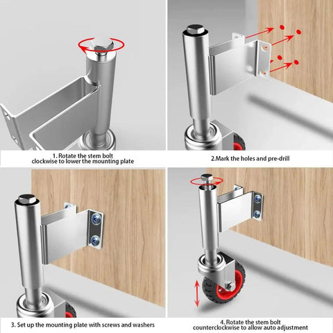 Installation steps for heavy duty gate casters with 4 inch rubber tire wheels and hardware for wooden metal fence and swing gates