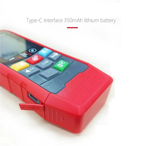 Tough As Nails Multi Function Wall Scanner And Stud Finder With Live Wire Voltage Detection, red device with buttons and Type-C interface.