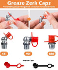 Grease Fittings Assortment Set With SAE And Metric Zerk Fittings 150 Pieces Straight 45 Degree And 90 Degree Fittings Quarter Inch And Eighth Inch M6 M8 M10 Sizes With Fitting Caps For Grease Gun Built For Heavy Duty Equipment shown with red and black caps.