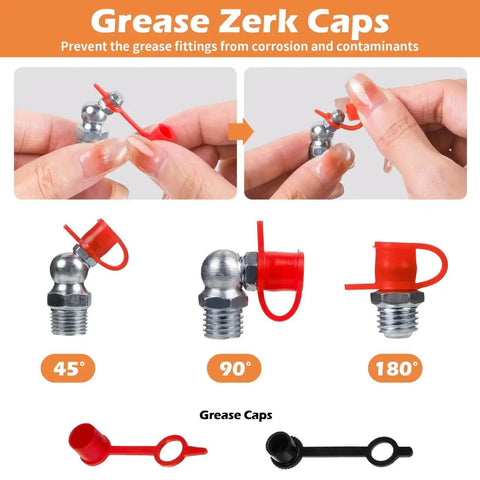 Grease Fittings Assortment Set With SAE And Metric Zerk Fittings 150 Pieces Straight 45 Degree And 90 Degree Fittings Quarter Inch And Eighth Inch M6 M8 M10 Sizes With Fitting Caps For Grease Gun Built For Heavy Duty Equipment shown with red and black caps.