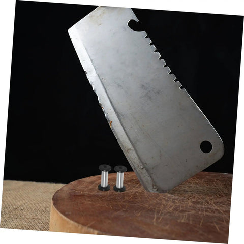 Badass Flat Head Knife Handle Screws And Brass Snap Rivets For Wood And Metal Crafts Tight Fit 2 Piece Kit next to a kitchen cleaver on wood.