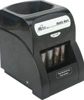 High Performance Electric Coin Sorter With Anti Jam Technology For Rapid One Row Counting and Easy Wrapping, black unit with coin tubes.