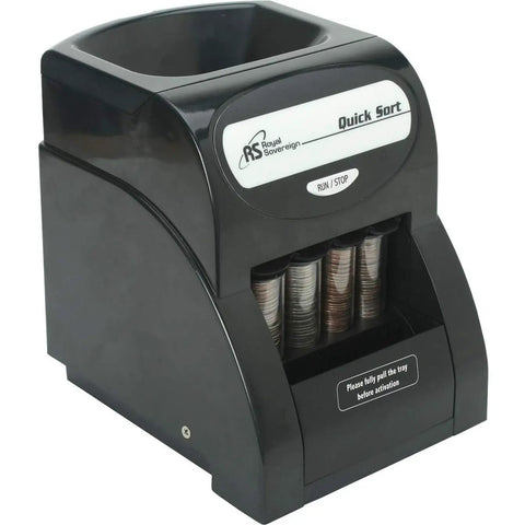 High Performance Electric Coin Sorter With Anti Jam Technology For Rapid One Row Counting and Easy Wrapping, black unit with coin tubes.