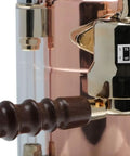 Close-up of Straight Fire Manual Lever Espresso Machine With Heavy Duty Rosewood Handles, Classic Chrome Brass Finish.