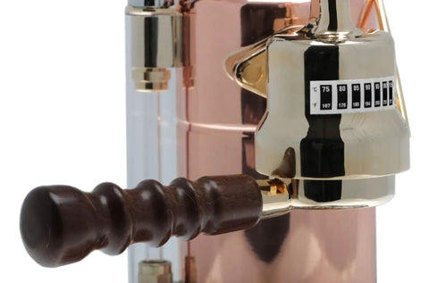 Close-up of Straight Fire Manual Lever Espresso Machine With Heavy Duty Rosewood Handles, Classic Chrome Brass Finish.