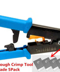 RJ45 Pass Through Crimp Tool Replacement Blades 5 Pack 8 Pin Cavity shown with crimp tool and close-up of blade design