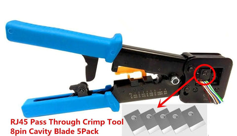 RJ45 Pass Through Crimp Tool Replacement Blades 5 Pack 8 Pin Cavity shown with crimp tool and close-up of blade design