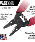 Made In USA Compact Wire Stripper And Cutter For 16 To 26 AWG Stranded Wire with narrow nose and spring opening
