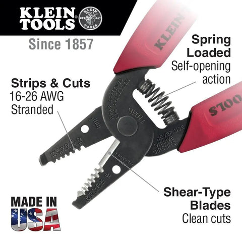 Made In USA Compact Wire Stripper And Cutter For 16 To 26 AWG Stranded Wire with narrow nose and spring opening