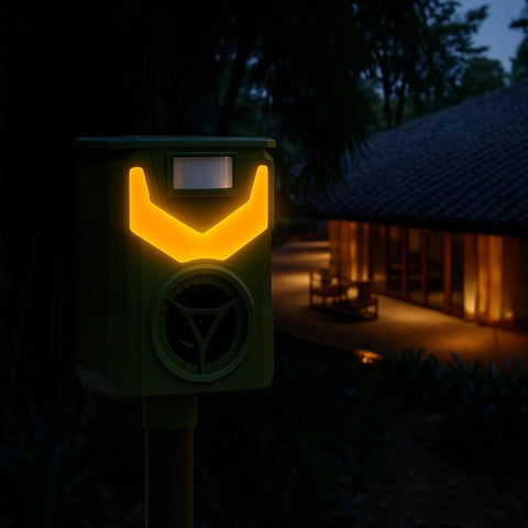 Solar Ultrasonic Animal Repeller With 110 Degree PIR Motion Sensor, 5 Modes, IP44 Weatherproof, LED Strobe And 90 dB Alarm, USB C Rechargeable, Repels Cats, Dogs, Deer, Squirrels, Raccoons And Birds mounted outdoors at night