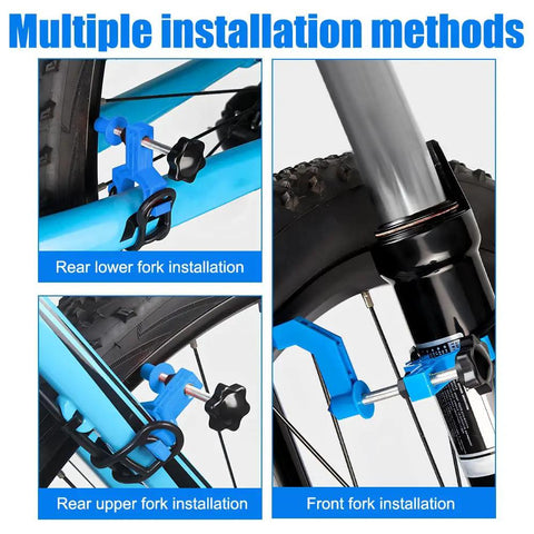 Bike Wheel Truing Stand And Rim Adjustment Tool Kit with Spoke Key showing multiple installation methods on mountain bike forks.