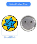 Two 58mm buttons from All In One 200 Set Button Maker Supplies Kit For 58mm Buttons With Metal Covers And Bases Blank Papers Clear Films