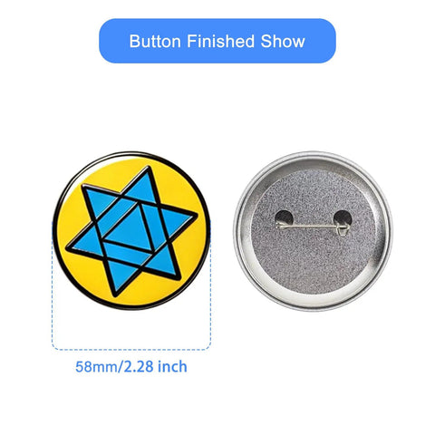 Two 58mm buttons from All In One 200 Set Button Maker Supplies Kit For 58mm Buttons With Metal Covers And Bases Blank Papers Clear Films