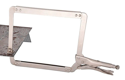 Deep Throat Locking C Clamp With 10 Inch Throat Depth Quick Release Adjustable Pressure 18 Inch Overall Length steel clamp holding metal sheet