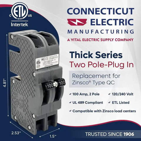 100 Amp Zinsco QCAL100 Compatible 2-Pole Circuit Breaker 1-1/2 Inch Body ETL Listed For Safe And Reliable Panel Replacement Safer Electrical Upgrades Quick Fit In Standard Load Centers Fail-Safe Operation High-Quality Compatibility Performance, 1.5 in body