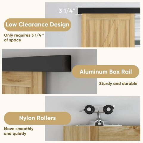 Six Foot Sliding Barn Door Hardware Track Kit With Handles In Black, sleek aluminum rail, nylon rollers detail view