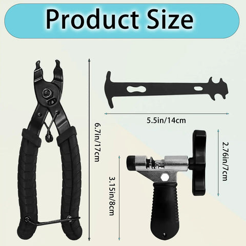 All In One Bicycle Chain Repair Kit With Chain Breaker And Splitter Master Link Pliers Wear Indicator And Four Reusable Missing Links; product size dimensions shown