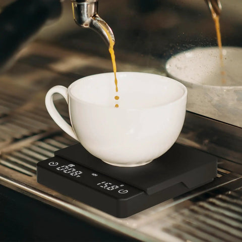 Palmsized Coffee Scale With Timer For Espresso And Pour Over, Rechargeable USB C, 2Kg Capacity, 0.1G Precision in use with cup