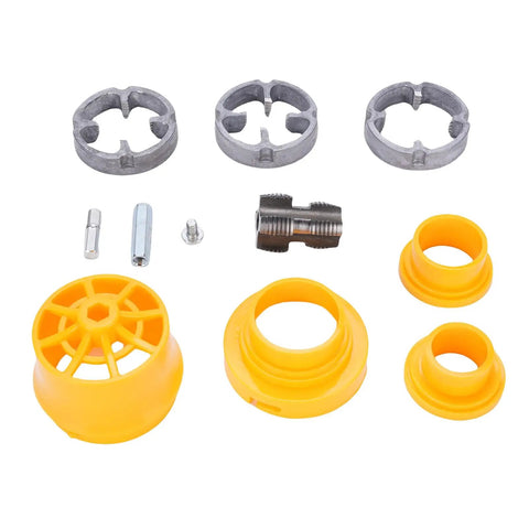 Heavy Duty Pvc Pipe Threader Kit With Three Reusable Dies For One Inch Pipes, includes yellow and aluminum fittings.