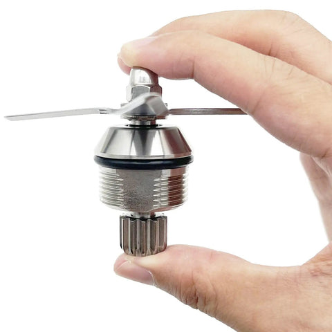 Hand holding Beefed Up Ascent Blade Assembly 105733 Replacement For High Performance Blender Ascent Series A2300 A2500 A3300 A3500 And Explorian E310 E320 Pro 750 7500 Low Profile 48 Oz 64 Oz Containers, stainless steel blade detail