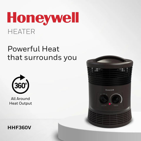 Honeywell 360 Degree All Around Heat Portable Space Heater With Adjustable Thermostat And Two Heat Settings in charcoal grey.
