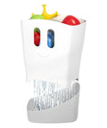 Freestanding Bath Toy Drying Bin With Quick Drain Base, Real No Mess Game Changer For Keeping Kids Toys Snappy And Mold Free, Gray plastic organizer with toys.