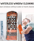 Extra Fine Steel Wool Pads 000 16 Pack for waterless window cleaning next to person cleaning glass.