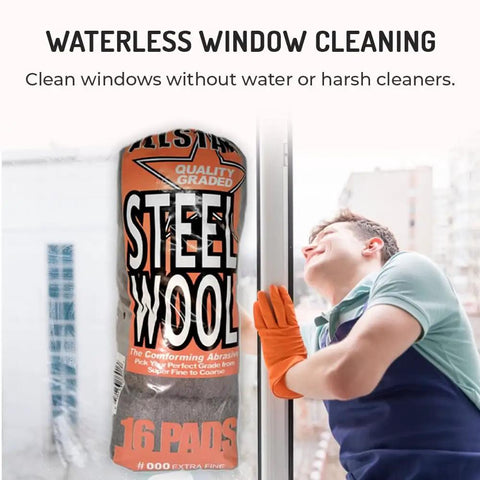Extra Fine Steel Wool Pads 000 16 Pack for waterless window cleaning next to person cleaning glass.