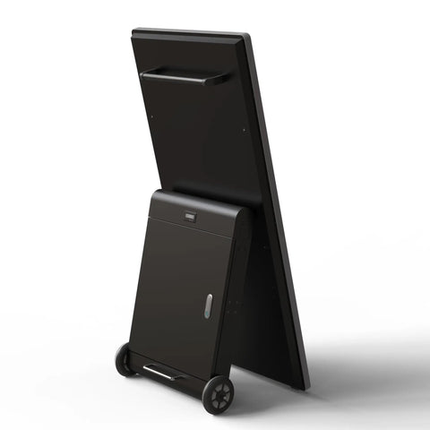 43 Inch Heavy Duty Digital Signage Display For Indoor Or Outdoor Installations Featuring Massive Battery Reserve And Slick Android Control Panel With Rugged Ip55 Weather Seal Plus Blazing 1800 Nit Sunlight Clarity And Foolproof Auto Media Streaming with sturdy wheels and sleek design.
