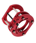 Heavy Duty Aluminum Router Table Lifting Base With A Slick Four Jaw Clamping Mechanism in red, showing intricate clamping design.