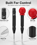 Hella Heavy Duty Automatic Center Punch Pair Featuring Adjustable Spring Loaded Mechanism Plus Bonus Replacement Tips For Smooth Wood Drilling And Badass Precision Hole Marking On Glass Or Plastic. Detailed views of adjustable caps and steel tips.