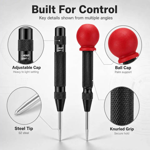 Hella Heavy Duty Automatic Center Punch Pair Featuring Adjustable Spring Loaded Mechanism Plus Bonus Replacement Tips For Smooth Wood Drilling And Badass Precision Hole Marking On Glass Or Plastic. Detailed views of adjustable caps and steel tips.
