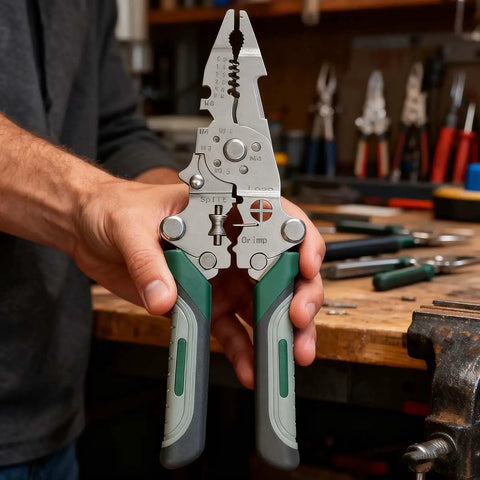 Badass 12 In 1 Foldable Wire Stripper And Cable Cutter Pliers held in hand, showcasing grip and multi-function design for tough job sites.