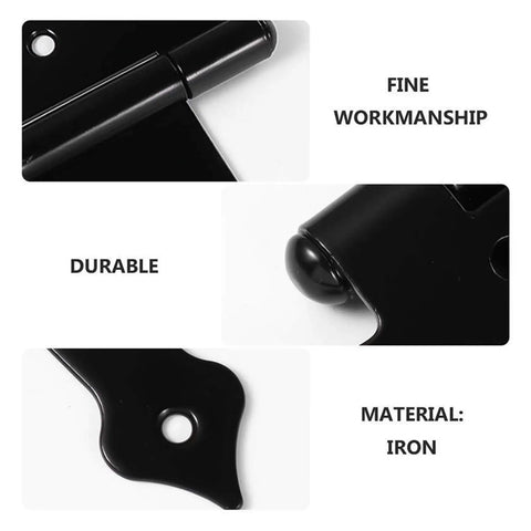 Close-up of Heavy Duty T Shaped Black Door Hinges Set Of 3 With Flower Decorative Strap Hinges showing details and craftsmanship.