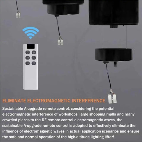 Motorized chandelier hoist lifter remote control features wireless adjustment for high ceilings in warehouses and gyms.