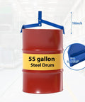 Amarite Drum Lifter front view: blue all-steel vertical clamp gripping a red 55-gallon steel drum