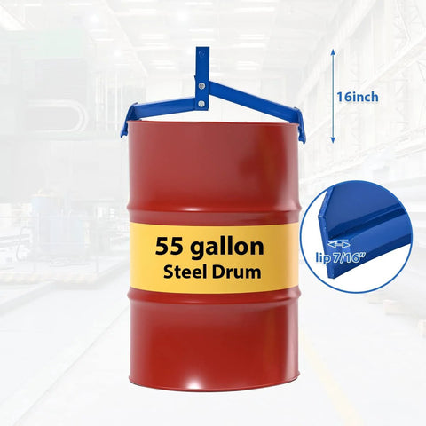 Amarite Drum Lifter front view: blue all-steel vertical clamp gripping a red 55-gallon steel drum