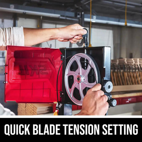 Quick blade tension adjustment on 2.8 Amp 9 Inch Benchtop Band Saw for Woodworking, 2-Speed Drive, Tool-Free Belt Tension.