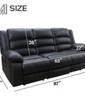 Black Faux Leather Manual Reclining Sofa With Hidden Cup Holders, 3 Seat Overstuffed Armrests, Easy To Clean, dimensions shown.