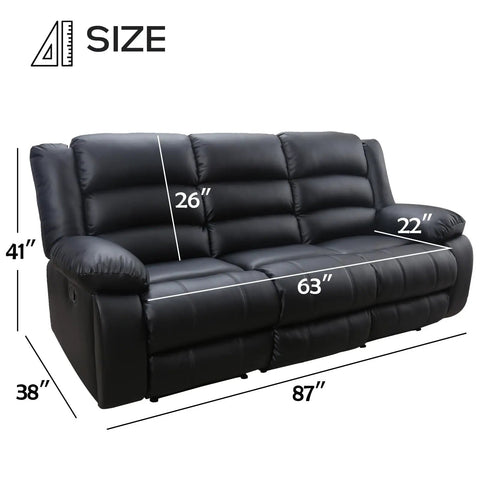 Black Faux Leather Manual Reclining Sofa With Hidden Cup Holders, 3 Seat Overstuffed Armrests, Easy To Clean, dimensions shown.