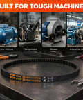 Cogged V Belt 3VX465 3/8 By 46.5 Inches Workhorse Heavy Duty Industrial Drive Belt For Compressors Pumps Blowers Generators Vacuum Systems And Heat Exchangers With Enhanced Heat Dissipation. Black cogged V belt shown on a workbench with industrial motors and compressor.