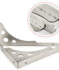 Heavy Duty Shelf Brackets Built Tough For Wall Mounted Floating Shelves Stainless Steel L Bracket close-up showing design and holes.