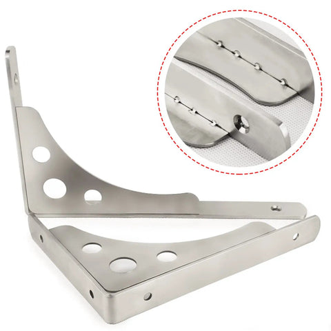 Heavy Duty Shelf Brackets Built Tough For Wall Mounted Floating Shelves Stainless Steel L Bracket close-up showing design and holes.