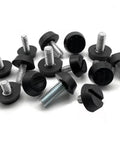 Adjustable Leveling Feet For Furniture In Black With Glide Pads M6 M8 Screws, height adjustable feet shown with galvanized screws