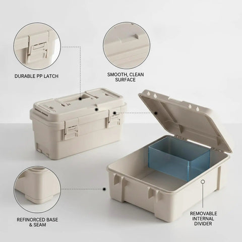 Portable Tool Box With Divider For Hardware And Crafts showing tan organizer with open lid, internal divider, durable latch, and reinforced base.